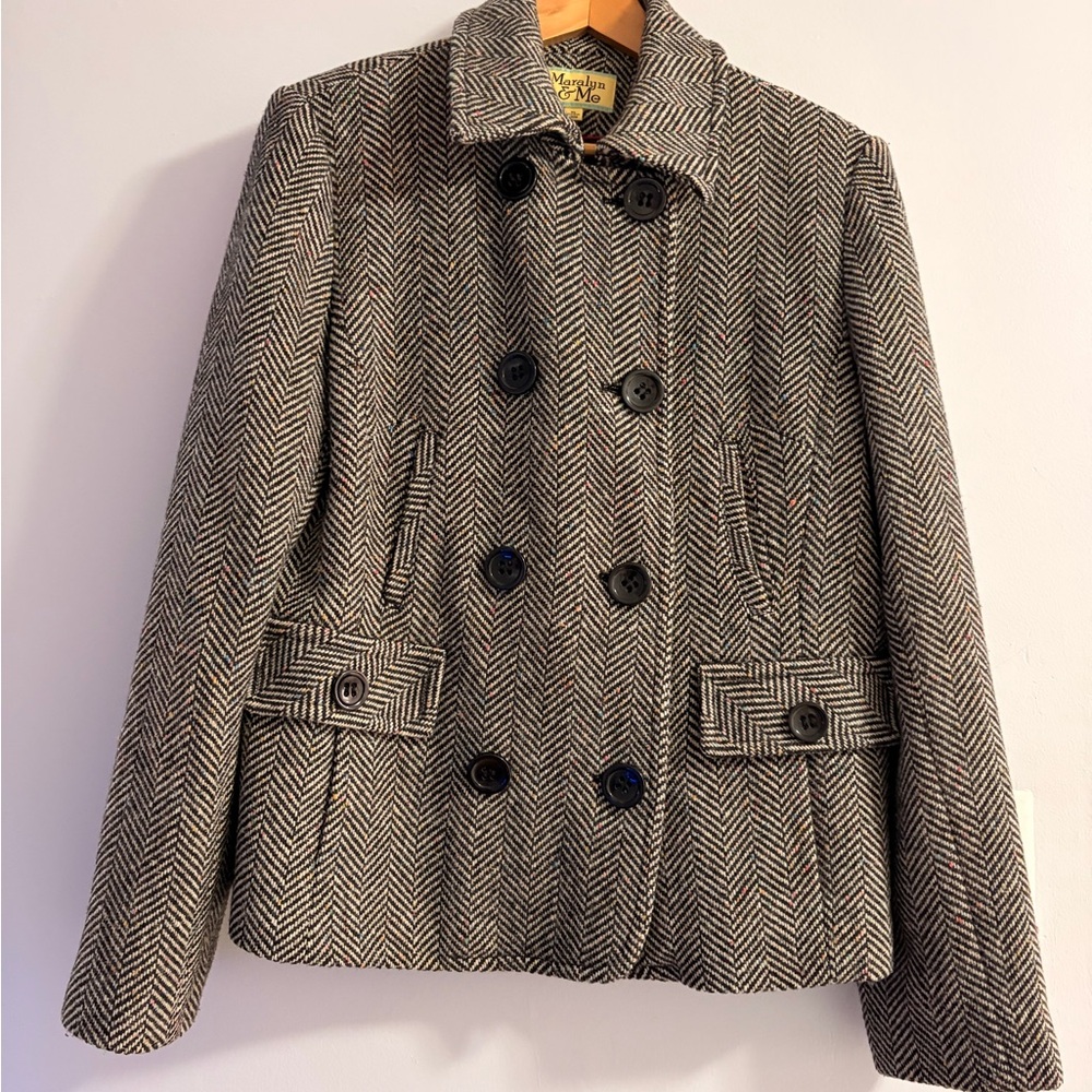 Maralyn & Me Black and White Herringbone Pea Coat